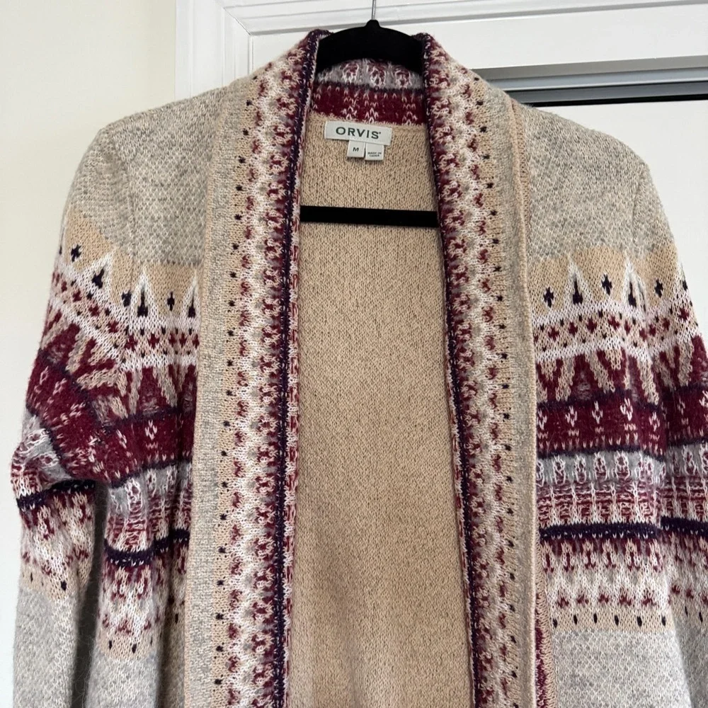 Orvis Tan Burgundy Open Front Cardigan Wool Alpaca Size Medium